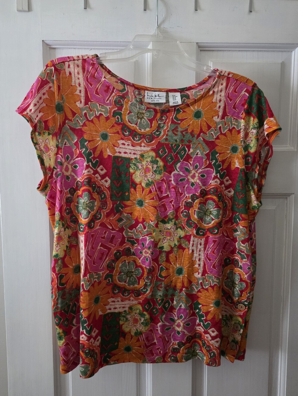 Nicole Miller Colorful Floral Short-Sleeve Women's Top - Linen,  NEW, Sz MED